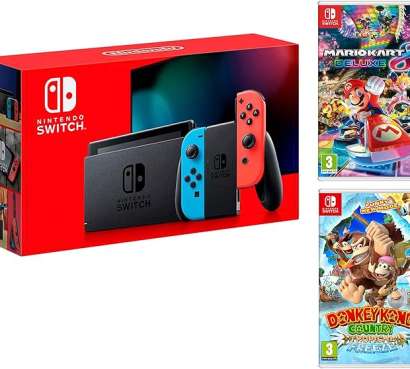 Nintendo Switch Console Rouge/Bleu Néon 32Go Pack. Mario Kart 8 Deluxe. Donkey Kong: Tropical Freeze
