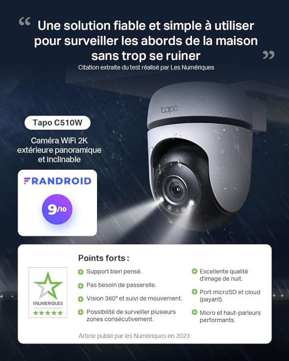 Tapo C510W 2K Caméra de Surveillance WiFi extérieur 360°, Vision Nocturne Couleur, Détection de Personne et Suivi de Mouvement, Étanche IP65, Alarme sonore Personnalisable – Image 4