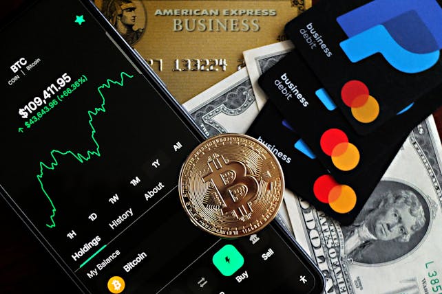 A dynamic image showcasing Bitcoin, credit cards, and financial apps for investment enthusiasts.