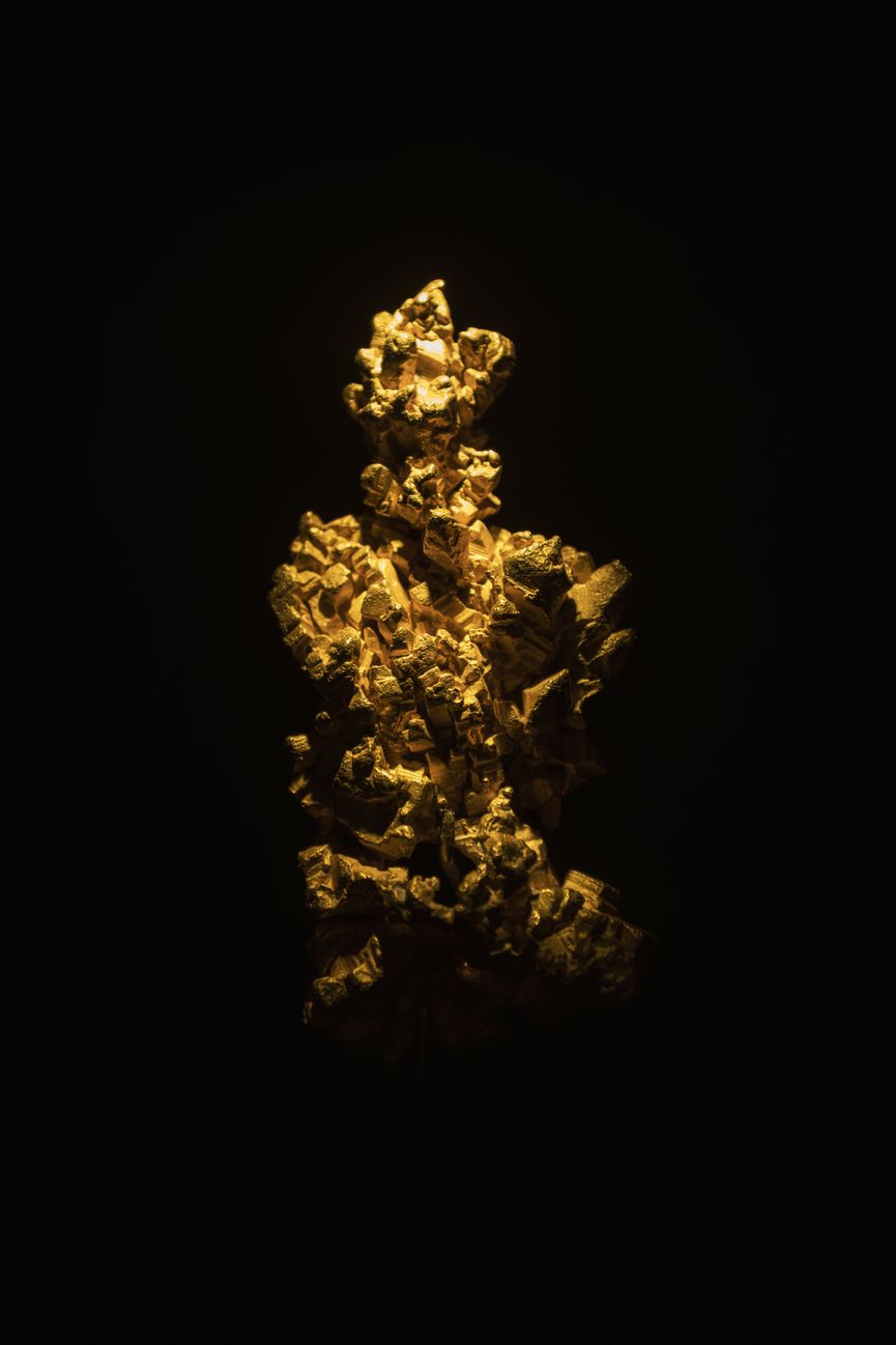 A striking illumination of a gold-colored mineral against a dark background, showcasing its intricate details.