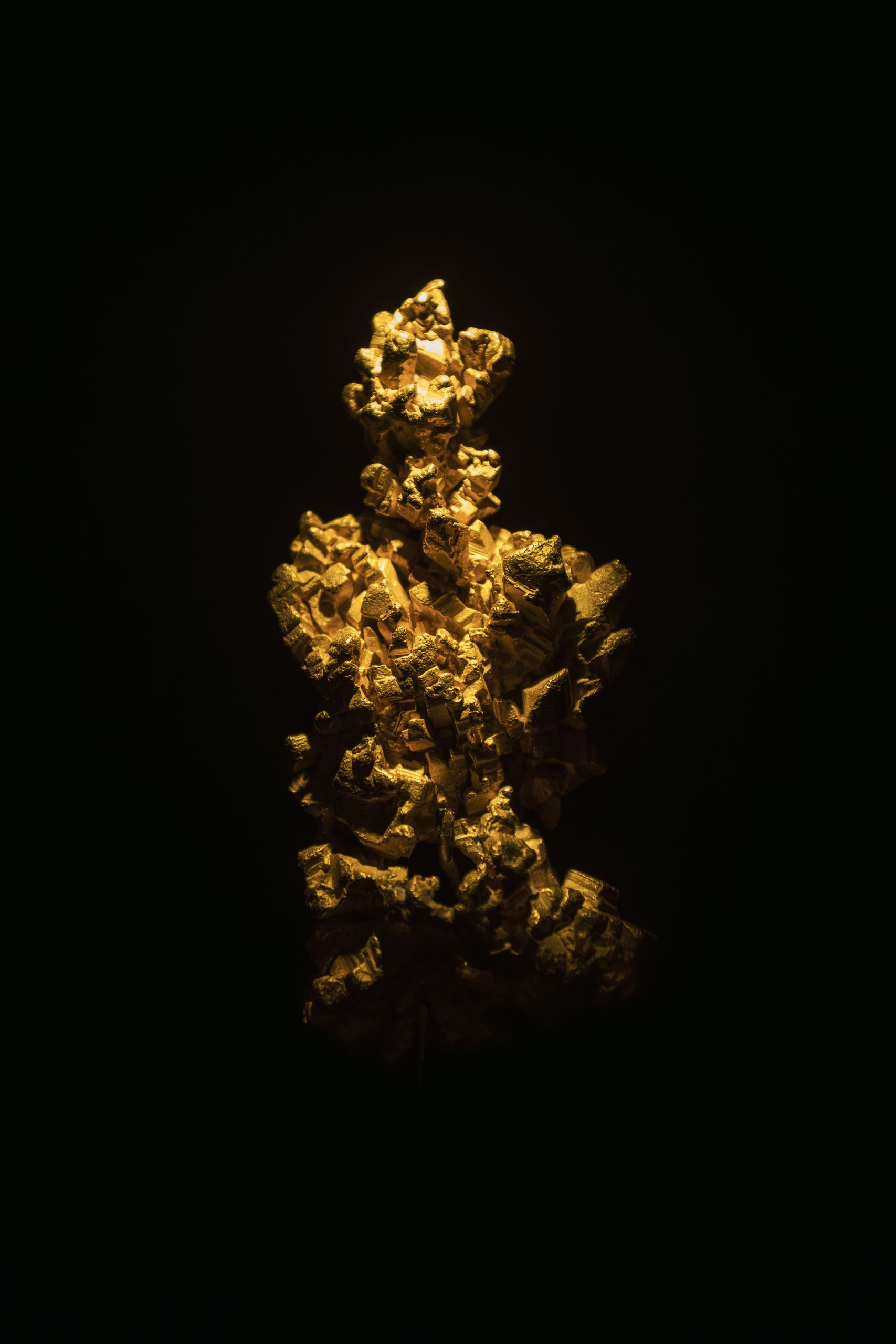 A striking illumination of a gold-colored mineral against a dark background, showcasing its intricate details.