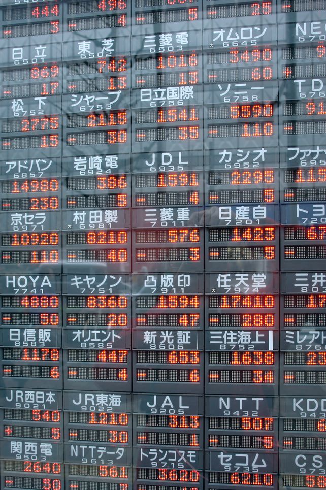 Digital display of stock market prices in Japan with kanji characters.