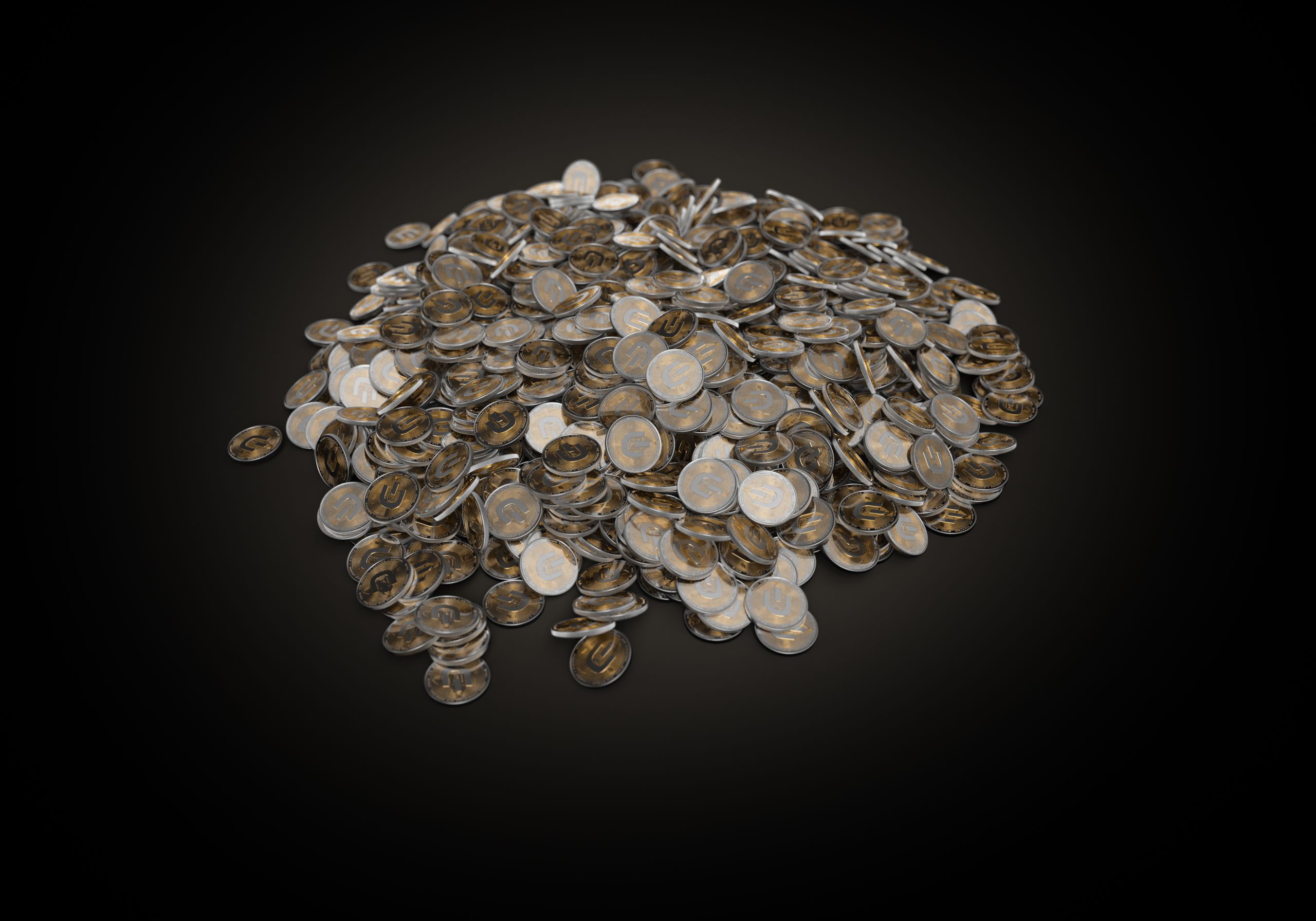 A large pile of assorted coins on a dark black background, symbolizing wealth and finance.