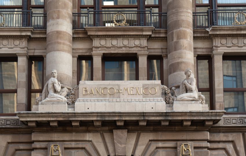 A man walks past the grand entrance of Banco de México, showcasing its classic architecture.