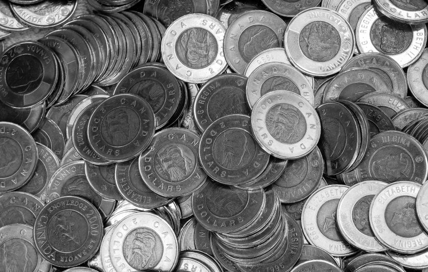Close-up of Canadian coins in a monochrome color scheme, depicting wealth and currency.