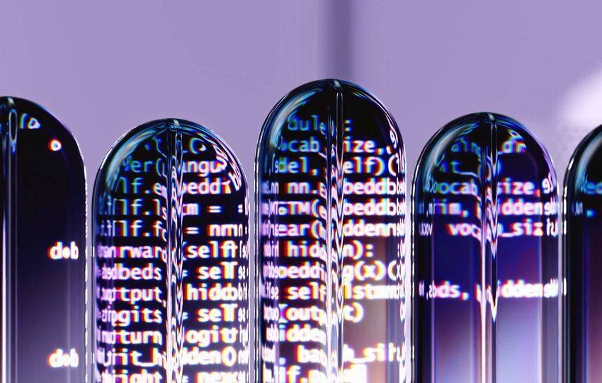 Colorful 3D render showcasing AI and programming with reflective abstract visuals.