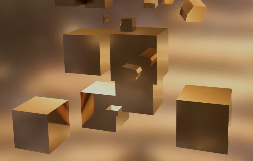 Digital art showcasing a 3D abstraction of golden floating cubes with a soft blurred background.