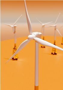 Abstract composition of wind turbines on an orange gradient backdrop.