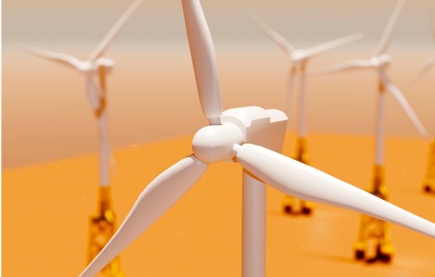 Abstract composition of wind turbines on an orange gradient backdrop.