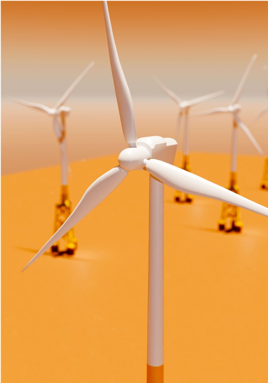 Abstract composition of wind turbines on an orange gradient backdrop.