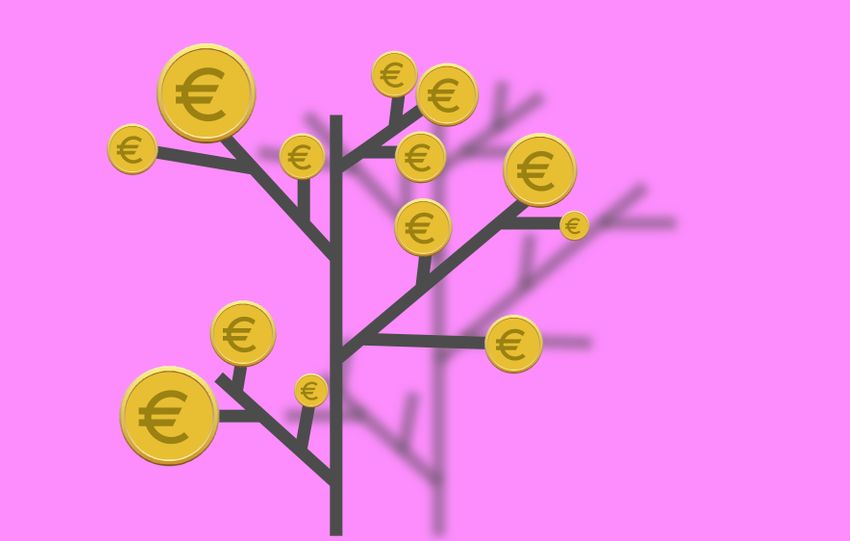Euro coins on tree branches on pink background of illustration with currency concept