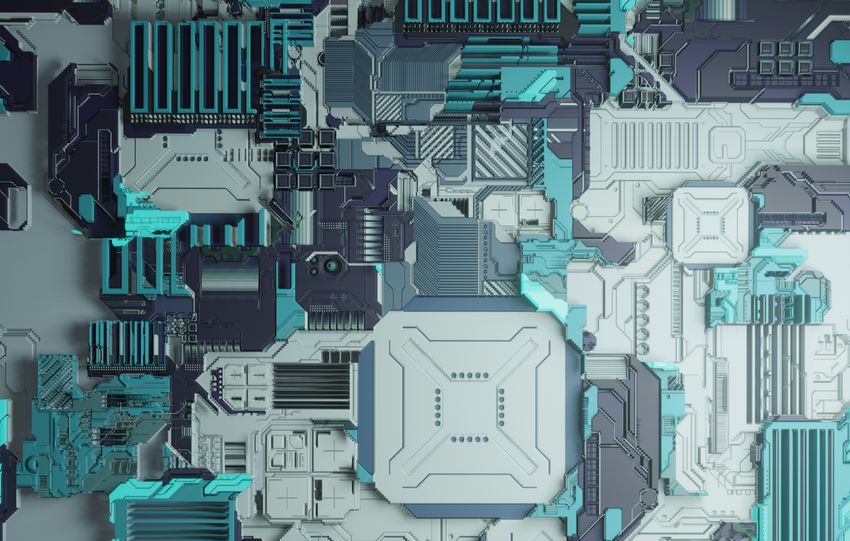 Intricate futuristic circuit board with geometric patterns in teal and gray tones.