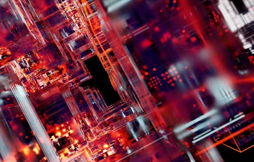 Stunning abstract view of futuristic digital circuitry with glowing effects.