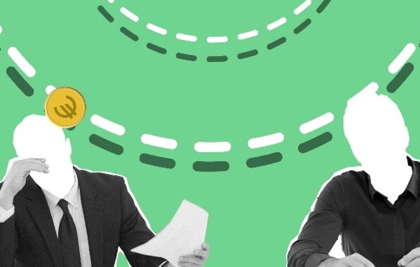 Vector image representing online money transfer going in circles among people on green background