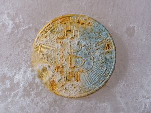 A gold Bitcoin coin partially covered in ice, symbolizing cryptocurrency's unpredictable market conditions.