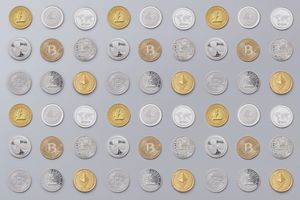 A seamless pattern of various cryptocurrency coins in gold and silver tones.