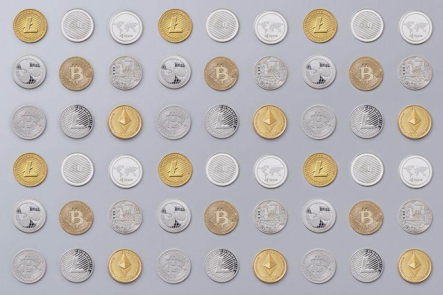 A seamless pattern of various cryptocurrency coins in gold and silver tones.