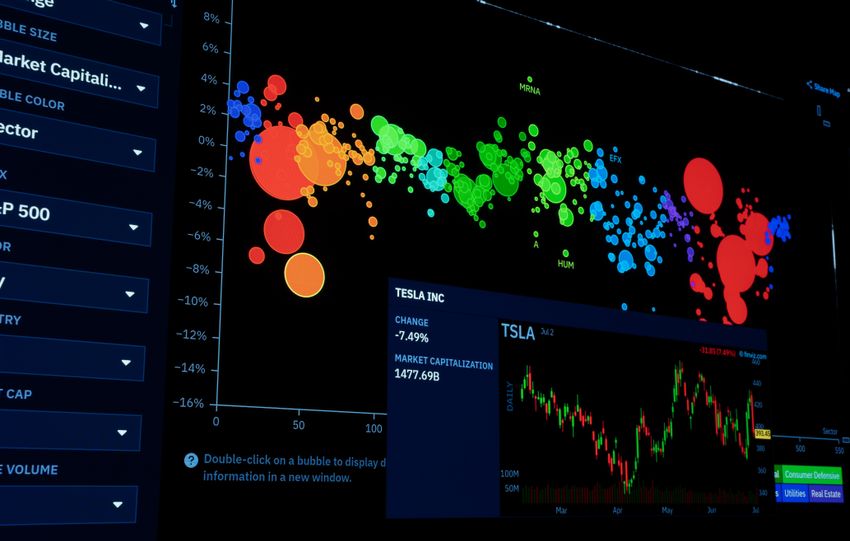 Colorful data visualization of stock market trends with financial charts.