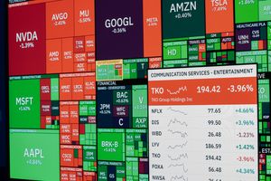 Colorful stock market board displaying various company stock performances and trends.