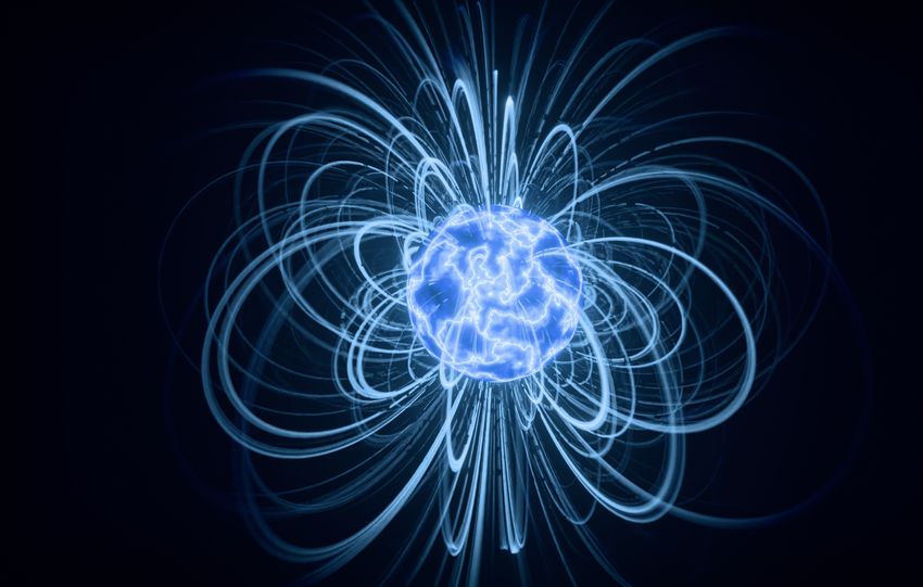 Abstract visualization of blue magnetic field lines surrounding a glowing sphere.