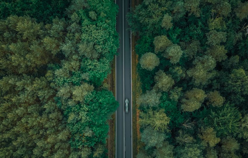 Aerial view of a car on a winding road through dense forest in Germany, showcasing natural beauty.
