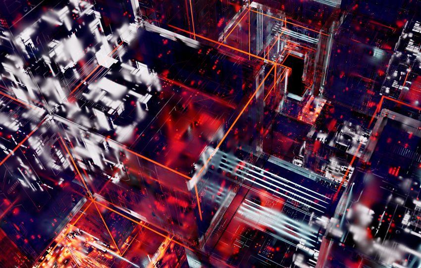 Dynamic abstract depiction of digital circuits with vivid lights and glowing lines.